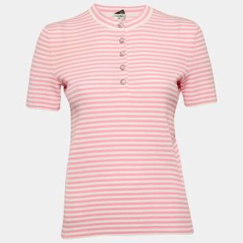 Chanel Pink/White Stripe Rib Knit Button Detail Top M