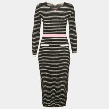 Chanel Black Patterned Knit Midi Dress S