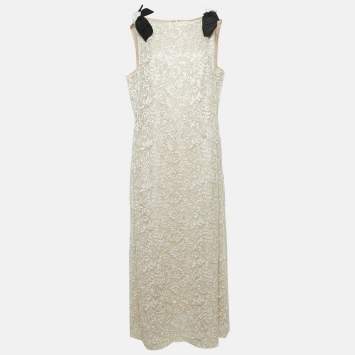 Pre Owned Chanel White Lurex Lace Sleeveless Long Dress XXL