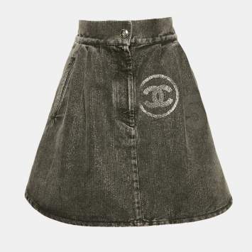 Pre Owned Chanel Grey logo Applique Lurex Denim No5 Mini Skirt S