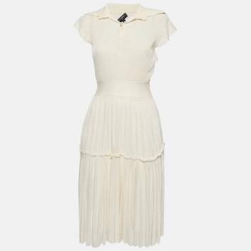 Chanel Off-White Knit Pleated Knee-Length Dress M