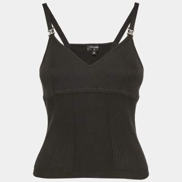 Pre Owned Chanel Black Rib Knit CC Crystal Detail Camisole S