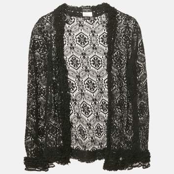 Chanel Black Lace Ruffled Open Front Cardigan M 