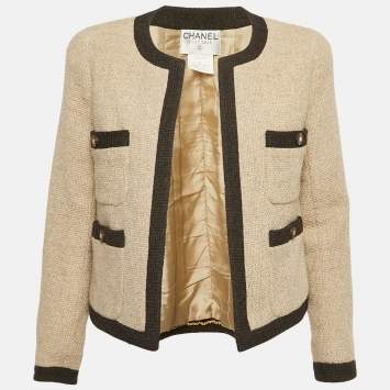 مملوكة مسبقًا Chanel Beige Wool Contrast Detail Open Front Jacket M