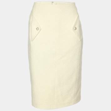Pre Owned Chanel Cream Tweed Pearl Embellished Midi Skirt M