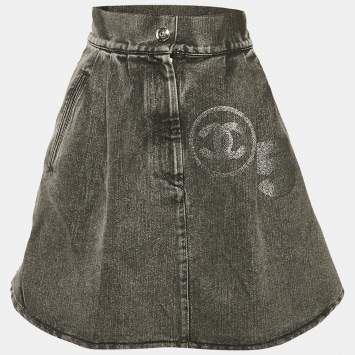 Pre Owned Chanel Grey Logo Applique Denim Skirt S