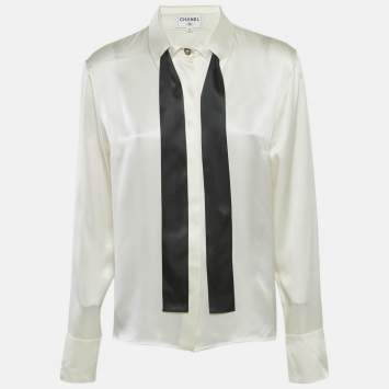 Chanel Ivory Satin Silk Tie-Up Neck Detail Shirt L