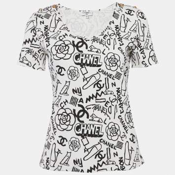 Pre Owned Chanel White Print Stretch Knit Top M