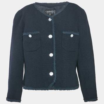 Chanel Vintage Navy Blue Wool Buttoned Jacket L