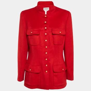 Chanel Vintage Red Cashmere Felt Front Jacket XL