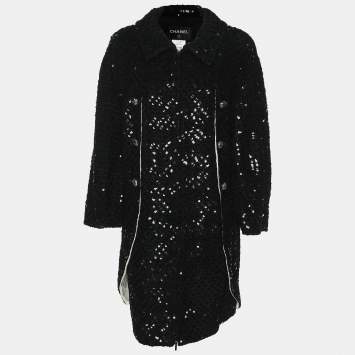 Chanel Black Sequin Tweed Camelia Coat M