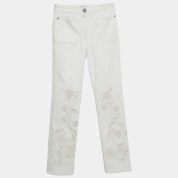 Pre Owned Chanel White Floral Embroidery Cotton Drill Pants S
