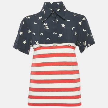 Pre Owned Chanel Navy Blue/Red Printed Silk and Knit Top M