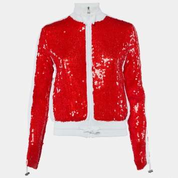 Chanel White Terry & Red Sequin Embbellished Zip Front Jacket S