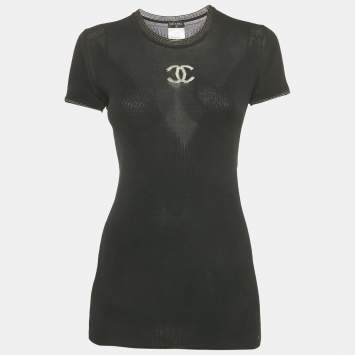 Chanel Black Logo Detail Rib Knit Top L