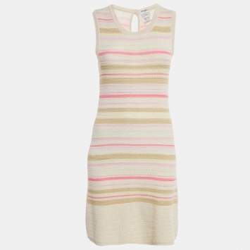 Pre Owned Chanel Cream/Pink Striped Cotton Knit Sleeveless Mini Dress M