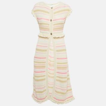 Chanel Cream/Pink Striped Knit Short Sleeve Cardigan S