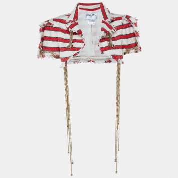 Chanel Red & Off White Tweed CC Logo Chain Detail Frayed Cropped Jacket M