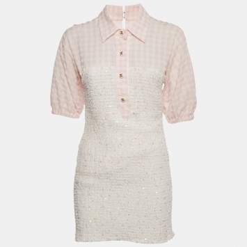 Pre Owned Chanel Pink Seeksucker and Tweed Mini Dress M