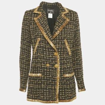 Pre Owned Chanel Black/Gold Lurex Tweed Double Breasted Jacket M
