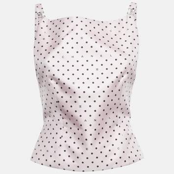 Pre Owned Chanel Pink Polka Dots Silk CC Detail Lace-Up Top M