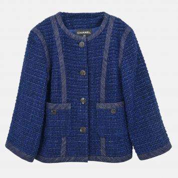 Pre Owned Chanel Single Breasted Collarless Navy Jacket Size 42
