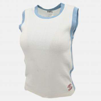 Pre Owned Chanel White/ Blue Cotton Sleeveless Top 40