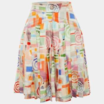 Pre Owned Chanel Multicolor Printed Silk Pleated Knee Length Skirt S