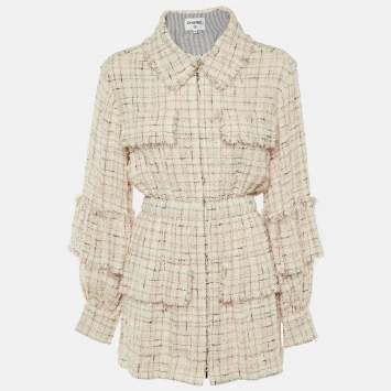 Pre Owned Chanel Pale Pink Tweed Zip Up Mini Dress M