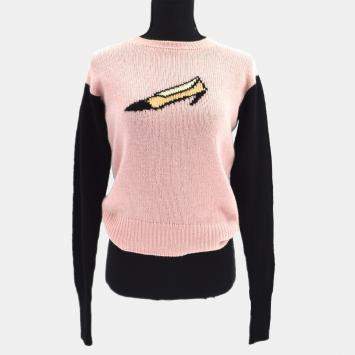 Pre Owned Chanel Long Sleeve Round Neck Knit Sweater Pink Black 40