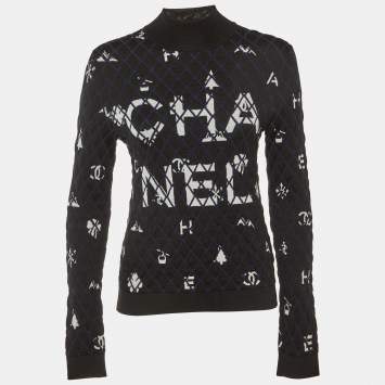 Pre Owned Chanel Navy Blue CC Quilted Pattern Wool High Neck Sweater S