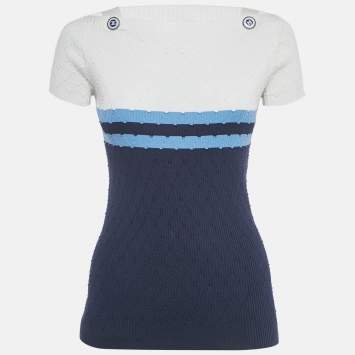 Pre Owned Chanel White/Blue Striped Rib Knit Top S