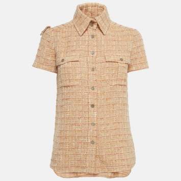 Pre Owned Chanel Orange Tweed Short Sleeve Shirt S