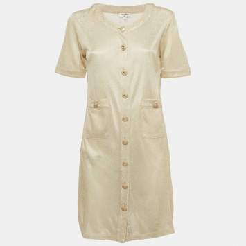 Pre Owned Chanel Beige Lurex Knit Button Detail Mini Dress M
