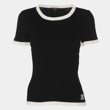 Pre Owned Chanel Black/White Rib Knit Tops M