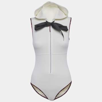 Pre Owned Chanel Cream Jersey Hooded One Piece Swimsuit S  