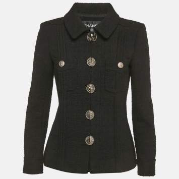 Pre Owned Chanel Black Tweed Zip-Up Jacket M