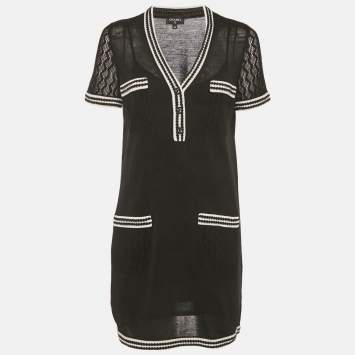 Pre Owned Chanel Black Silk Knit Trim Detail Mini Dress M
