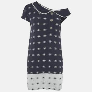 Pre Owned Chanel Navy Blue Floral Patterend Rib Knit Mini Dress S