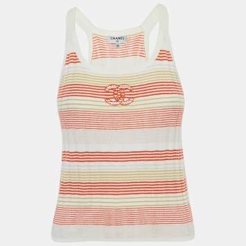 Pre Owned Chanel Orange /Yellow Logo Embroidered Rib Knit Tank Top S 