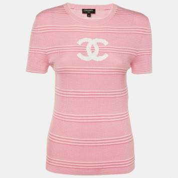Pre Owned Chanel Pink CC Striped Knit Crew Neck Top M