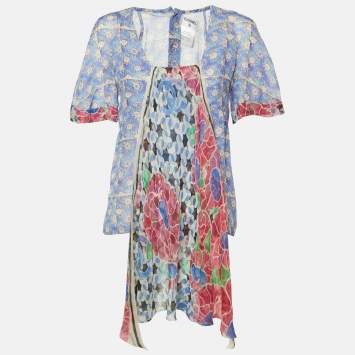Pre Owned Chanel Blue Floral Print Silk Scarf Detail Blouse M