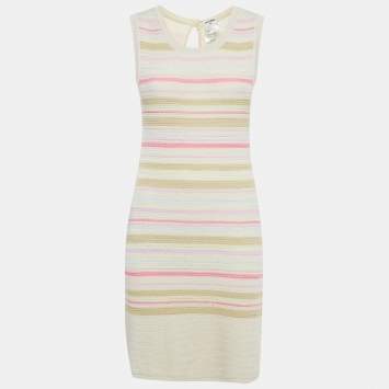 Pre Owned Chanel Pink/Cream Striped Lurex Knit Bodycon Dress M