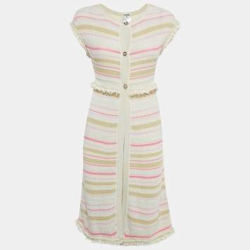 Pre Owned Chanel Cream/Pink Striped Knit Short Sleeve Cardigan S