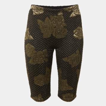 Pre Owned Chanel Black Lurex Camelia Pattern Stretch Jersey Shorts M
