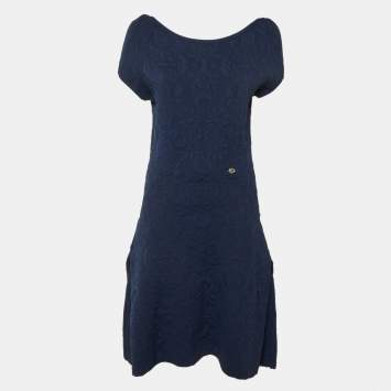 Pre Owned Chanel Navy Blue Embossed Jacquard Knit A-Line Dress L
