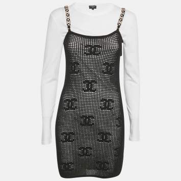 Pre Owned Chanel Black CC Knit Cashmere and Cotton Layered Mini Dress S