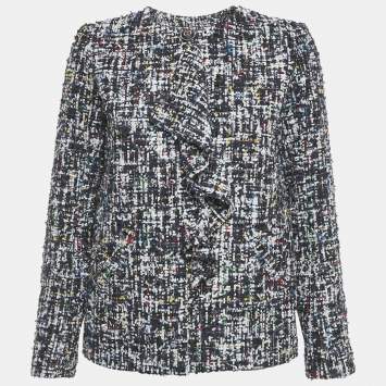 Pre Owned Chanel Blue Single Hook Tweed Ruffled Jacket S