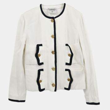 Pre Owned Chanel Single Breasted Collarless Jacket White Size L