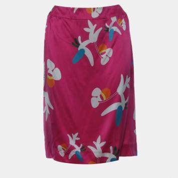 Pre Owned Chanel Pink Floral Logo Printed Silk Skirt
